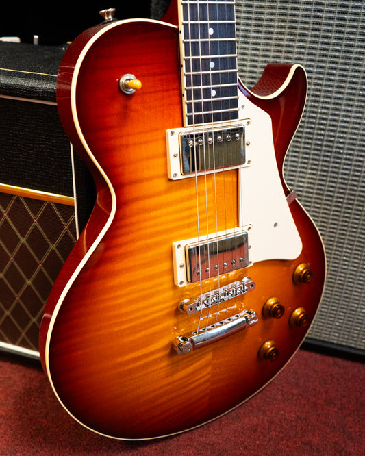 Showroom photo of full Front of Collings CL Electric Guitar, Dark Cherry Sunburst