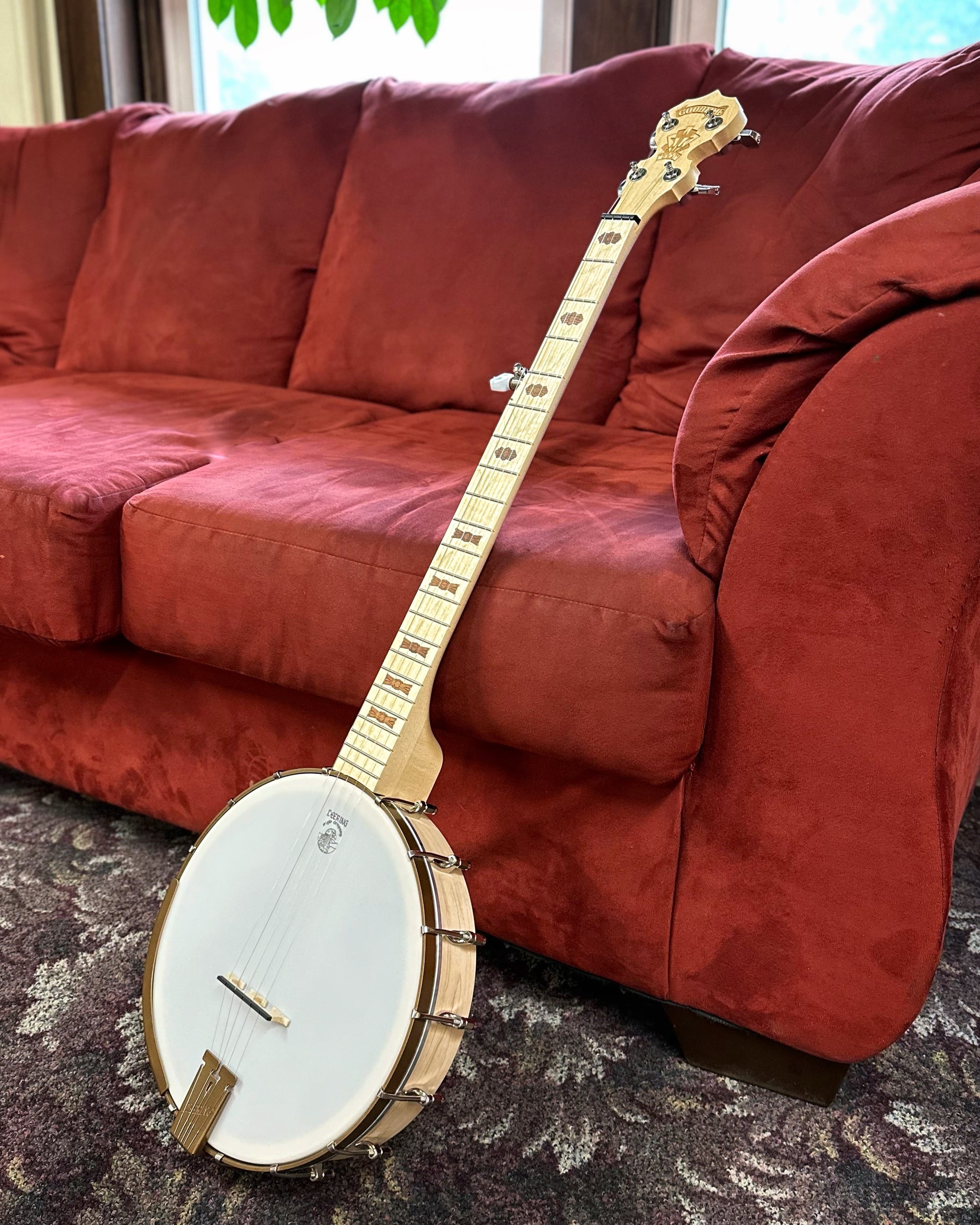 Showroom photo of Full front and side of Deering Goodtime Deco Openback Banjo