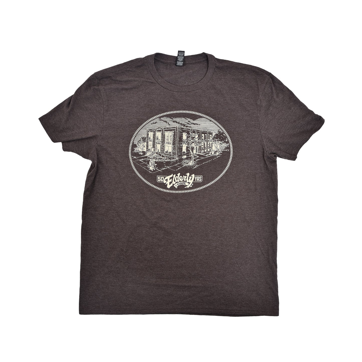 Image 1 of ELDERLY 50TH ANNIVERSARY LOGO TEE HEATHERED BROWN (VARIOUS SIZES)- SKU# TEE89-HB-S : Product Type Accessories & Parts : Elderly Instruments