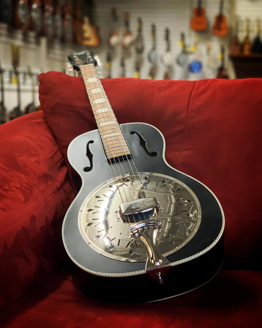 Showroom photo of Recording King Dirty 30's Single 0 Resonator Guitar, Black Finish