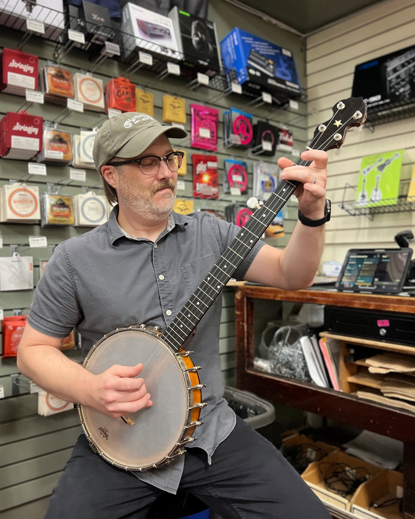 Showroom photo of Full front and side of Bart Reiter Standard Open Back Banjo (1983)