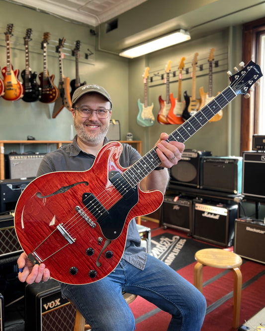 Showroom photo of Front of Collings I-30 LC Full Hollow Electric Guitar Faded Cherry