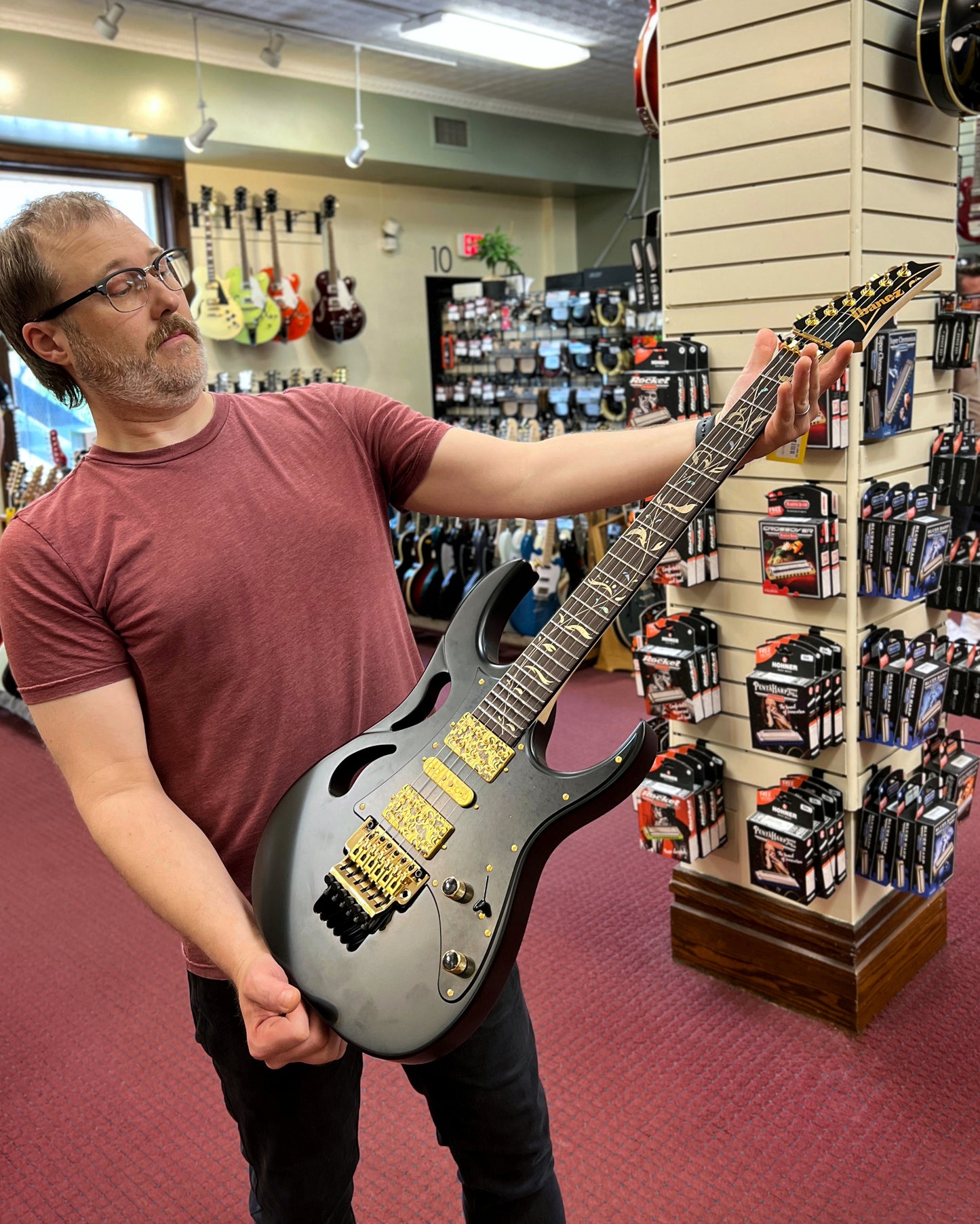 Showroom photo of Front of Ibanez Steve Vai Signature PIA3761 Electric Guitar, Onyx Black