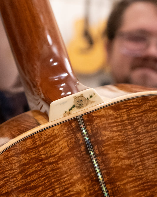 Showroom photo of neck heel detail of Froggy Bottom H12 Deluxe Koa Acoustic Guitar (2007)