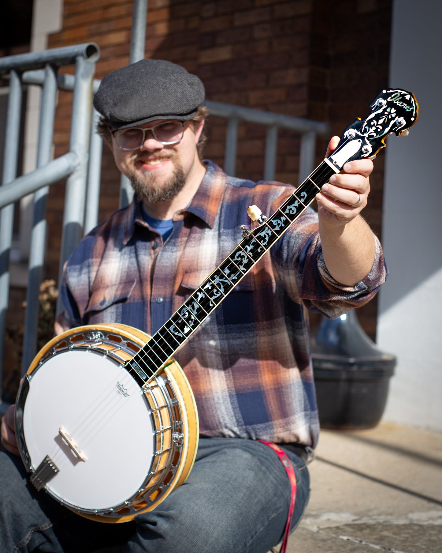 Showroom photo of Full front and side of Ibanez Artist "Tree of Life" Blonde Resonator Banjo (c.1977)