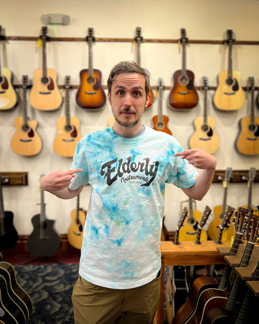 Elderly Instruments Tie-Dyed Logo Shirt, Light Blue Clouds Pattern (Various Sizes)