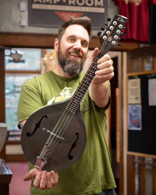 Showroom photo of front of Klos Carbon Fiber Acoustic-Electric Mandolin A-Style