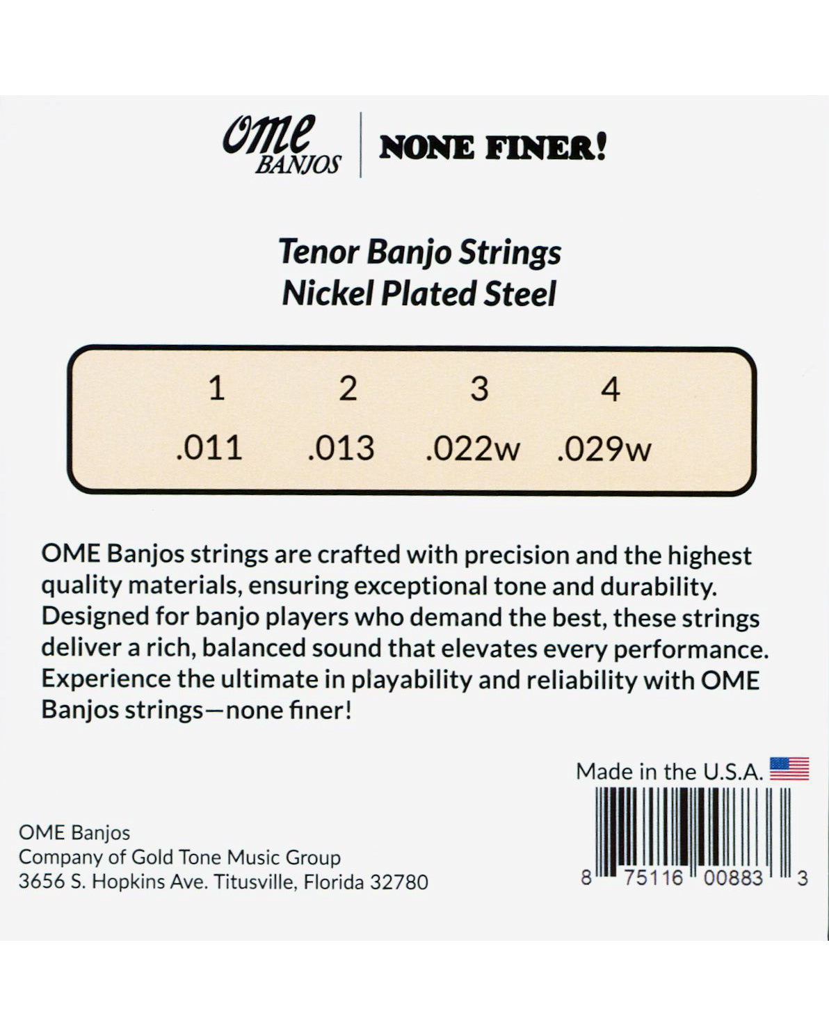 Image of back of package of Ome Nickel Wound Tenor 4-String Banjo Set SKU: OBST