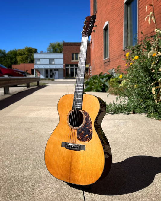 Showroom photo of Front of Pre-War Guitar Co. OM Mahogany '34 Style Package Level 1.5 Acoustic Guitar