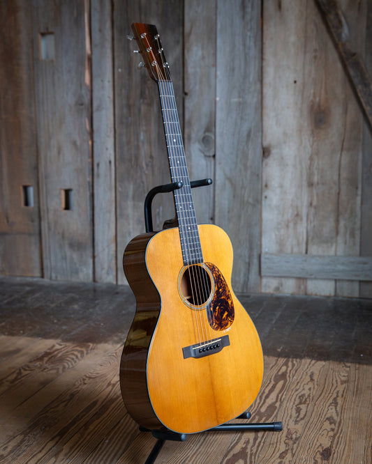 Showroom photo of Front of Pre-War Guitar Co. OM Mahogany '34 Style Package Level 1.5 Acoustic Guitar