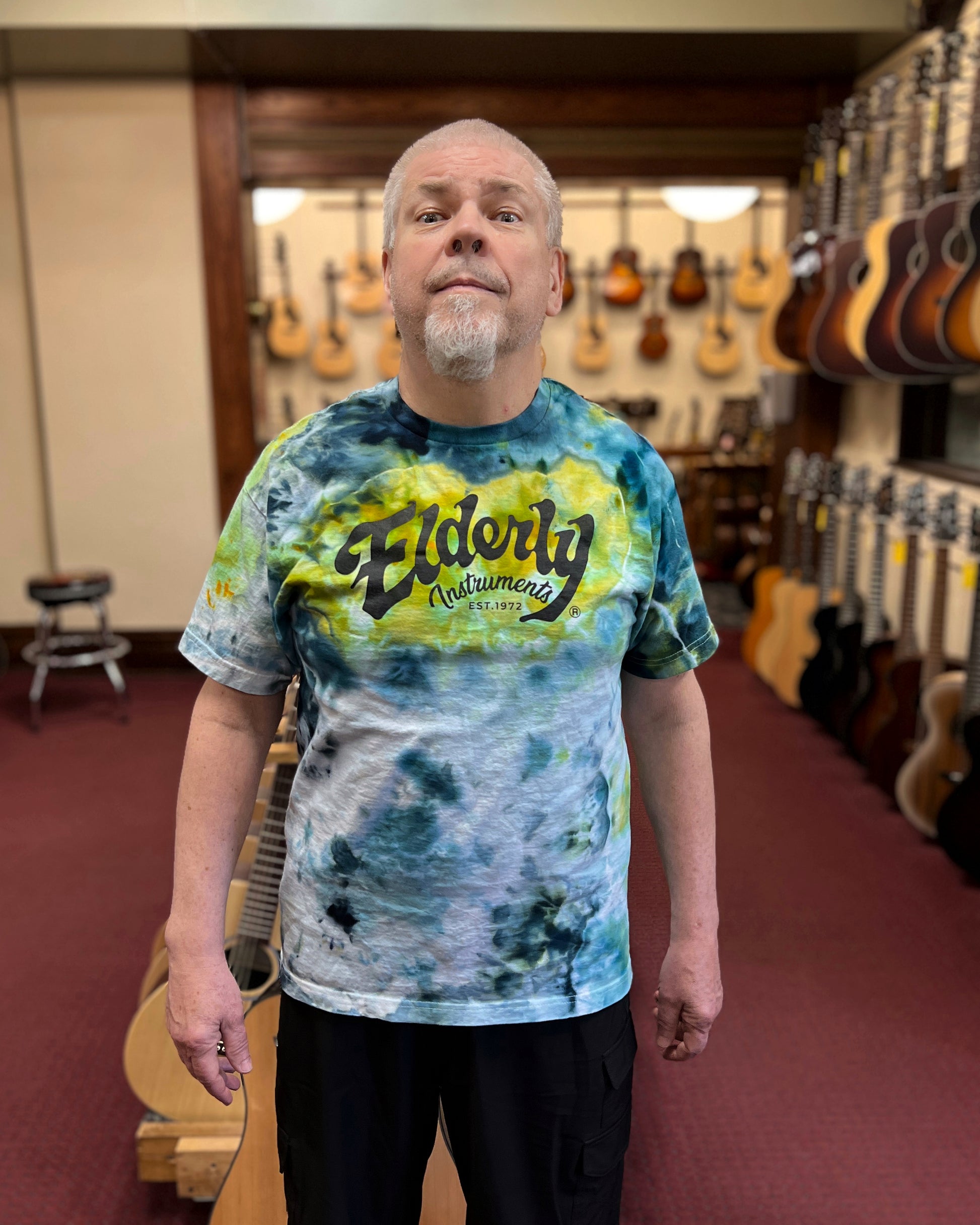 Elderly Instruments Tie-Dyed Logo Shirt, Blue & Green Geode Pattern (Various Sizes)