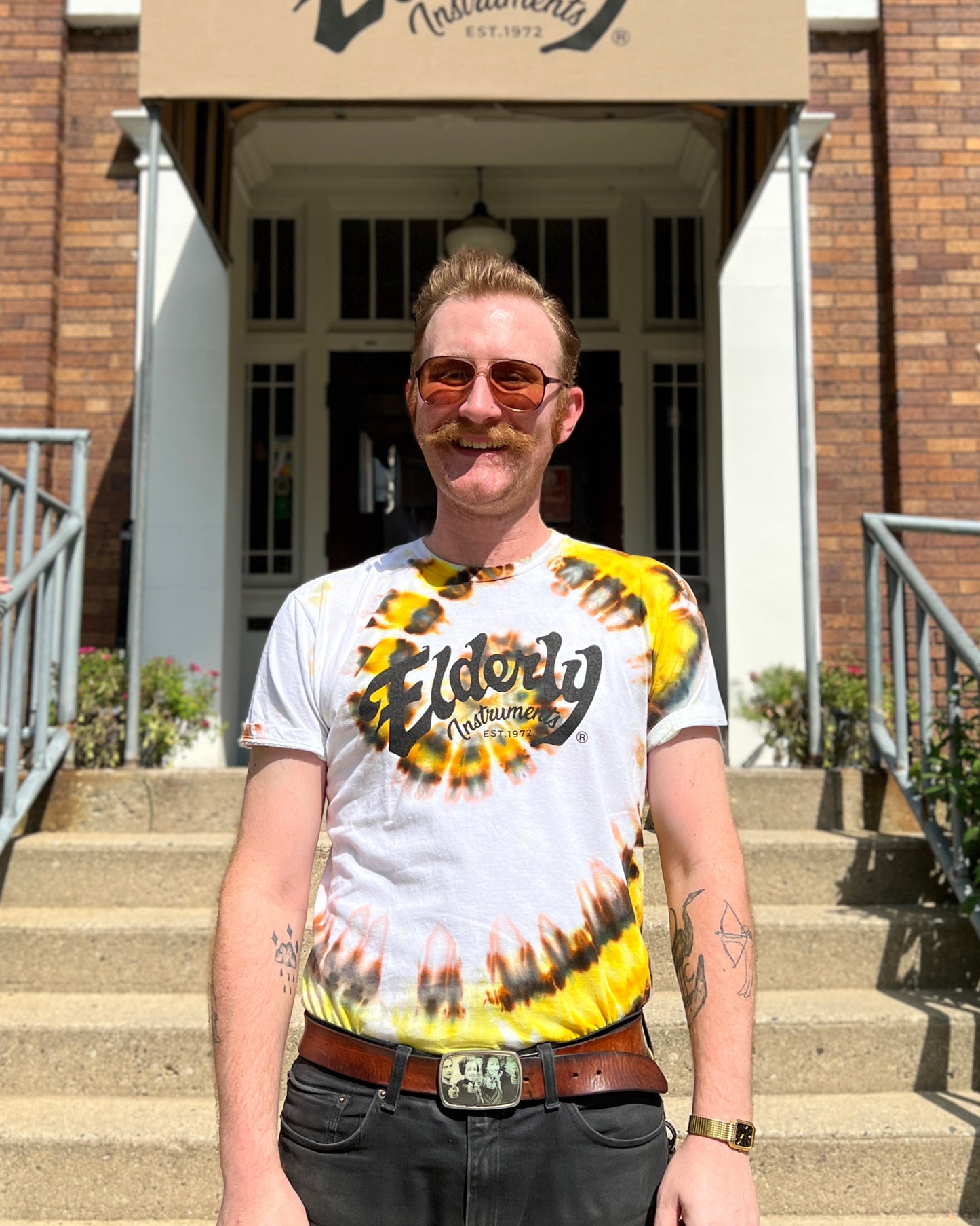 Elderly Instruments Tie-Dyed Logo Shirt, Center Swirl Yellow & Brown Pattern (Various Sizes)