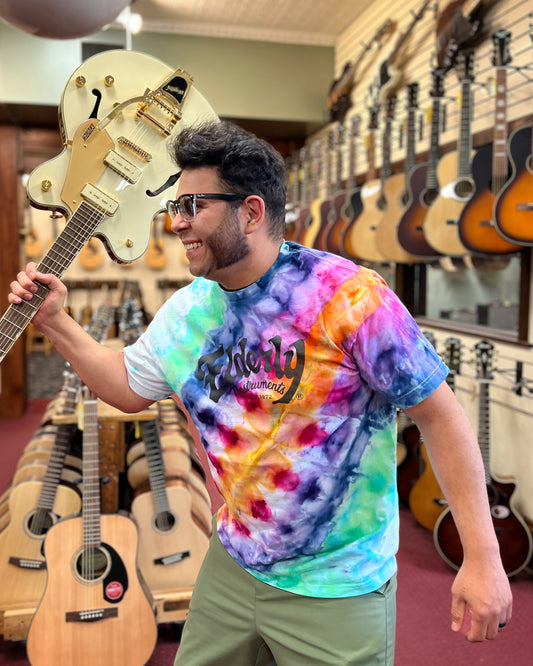 Elderly Instruments Tie-Dyed Logo Shirt, Rainbow Side Burst Pattern (Various Sizes)