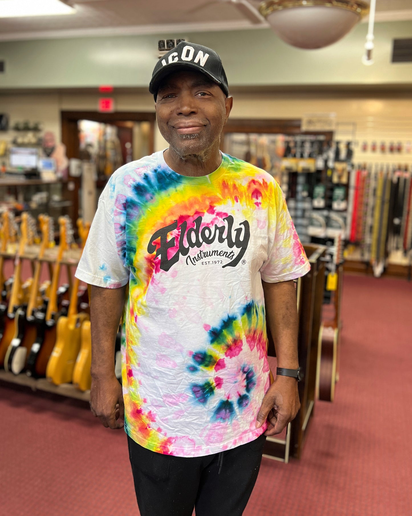 Elderly Instruments Tie-Dyed Logo Shirt, Rainbow Side Swirl Pattern (Various Sizes)