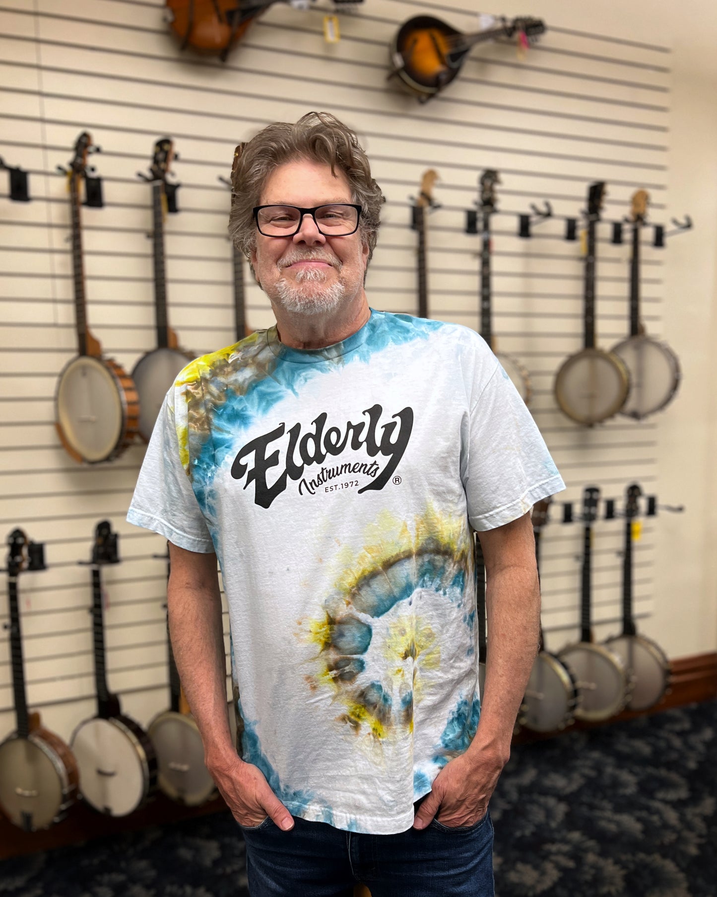 Elderly Instruments Tie-Dyed Logo Shirt, Side Spiral Blue, Brazil, & Chartreuse Pattern (Various Sizes)