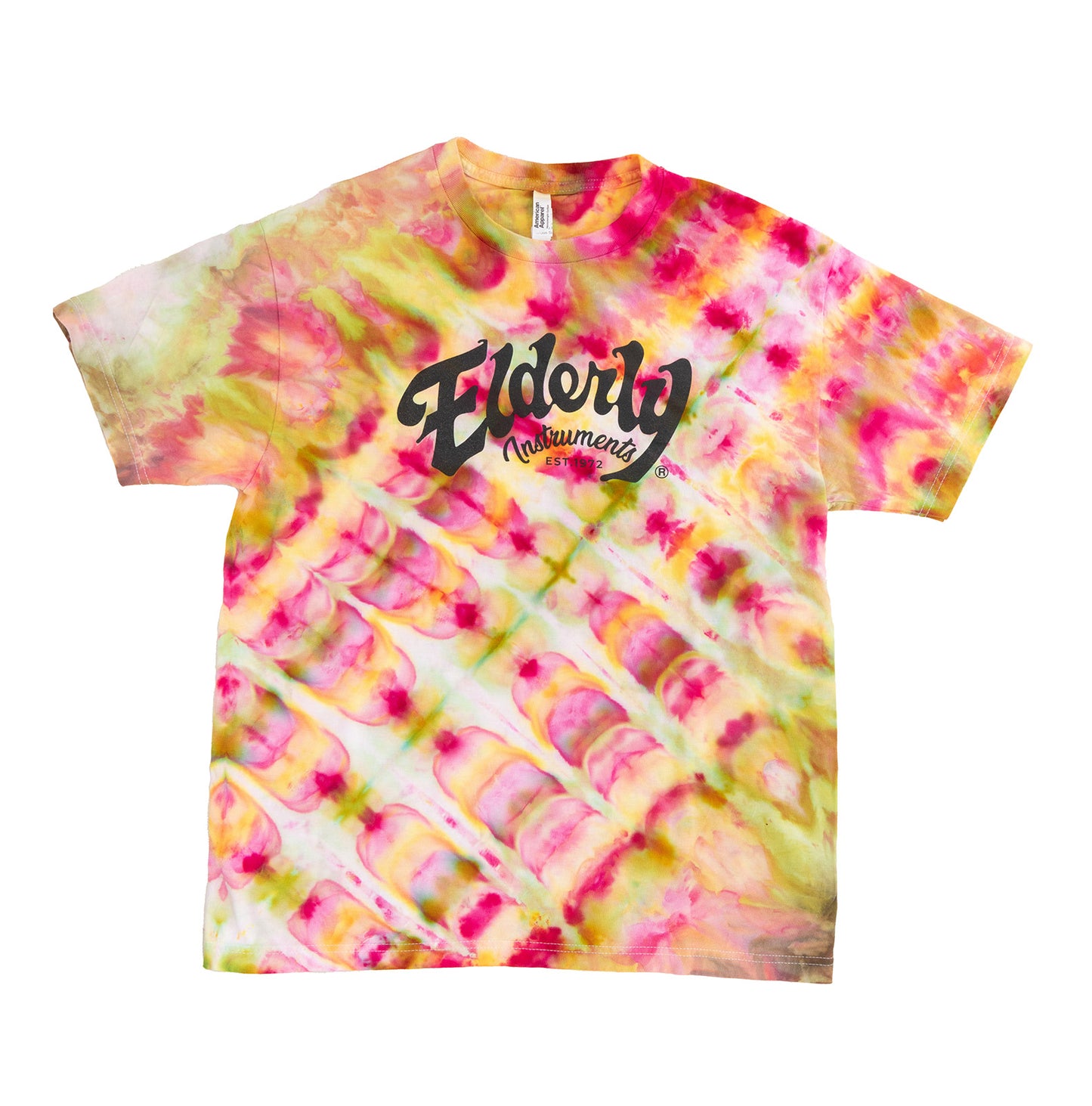 Elderly Instruments Tie-Dyed Logo Shirt, Cross Burst Pink & Green Pattern