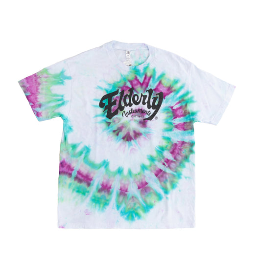 Elderly Instruments Tie-Dyed Logo Shirt, Center Swirl Purple & Green Pattern