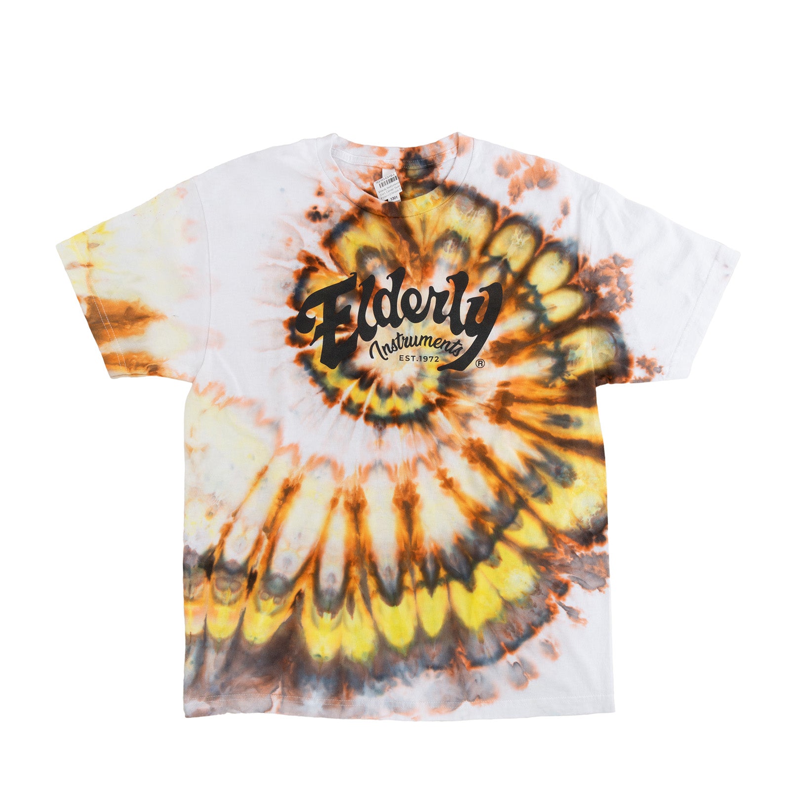 Elderly Instruments Tie-Dyed Logo Shirt, Center Swirl Yellow & Brown Pattern