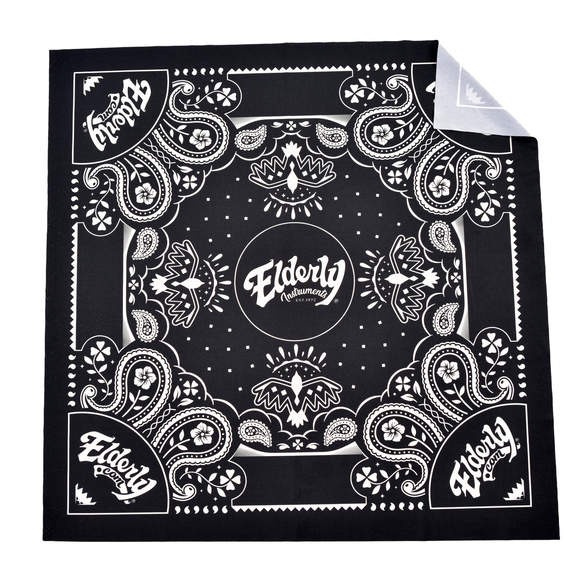 Black and white bandana with design and Elderly logo