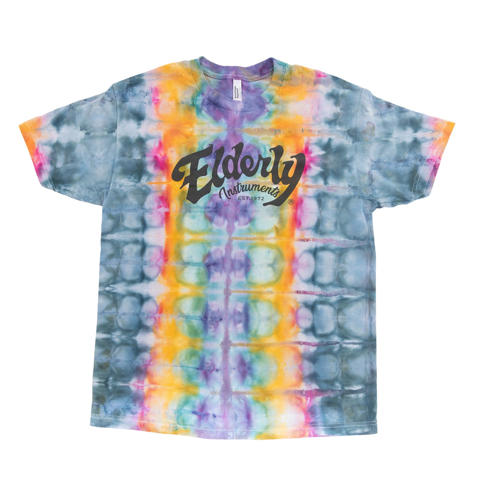 Elderly Instruments Tie-Dyed Logo Shirt, Rainbow & Black Scrunch Pattern 