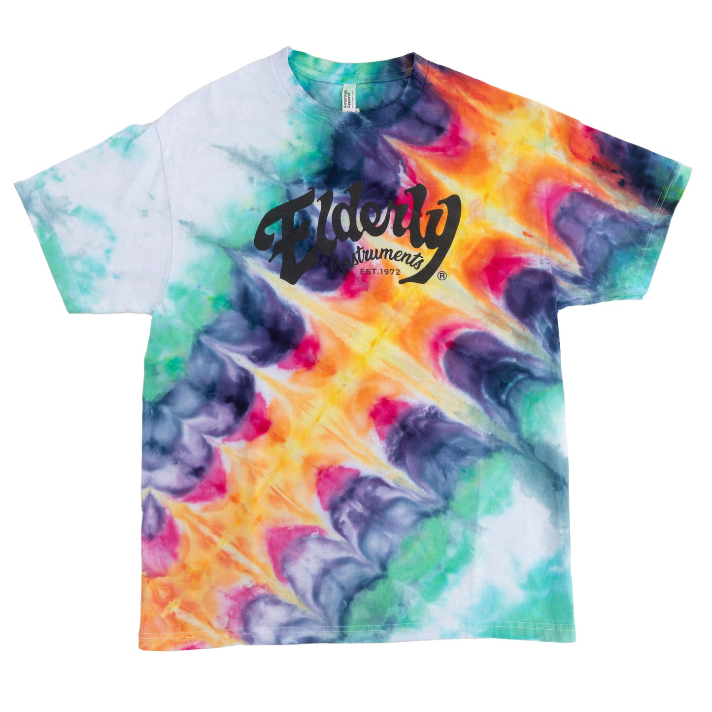 Elderly Instruments Tie-Dyed Logo Shirt, Rainbow Side Burst Pattern