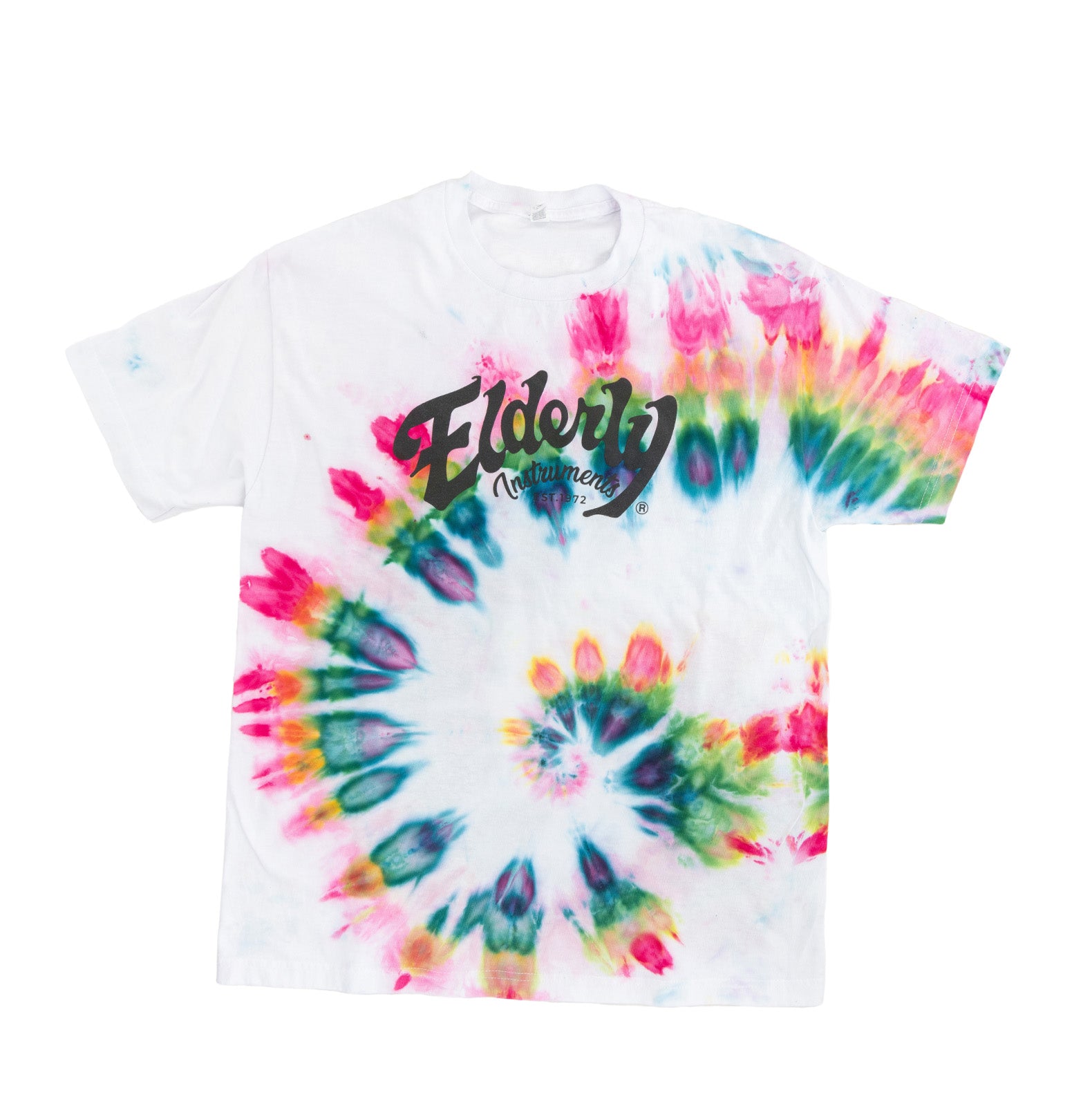 Elderly Instruments Tie-Dyed Logo Shirt, Rainbow Side Swirl Pattern