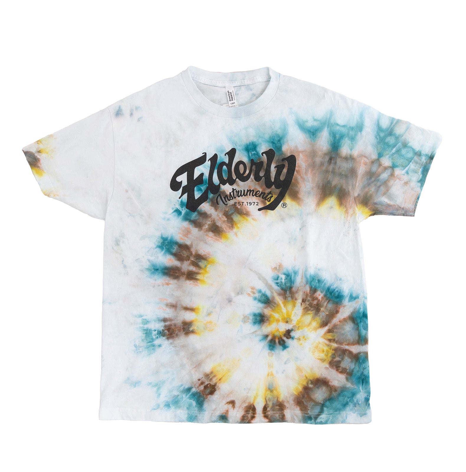 Elderly Instruments Tie-Dyed Logo Shirt, Side Spiral Blue, Brazil, & Chartreuse Pattern