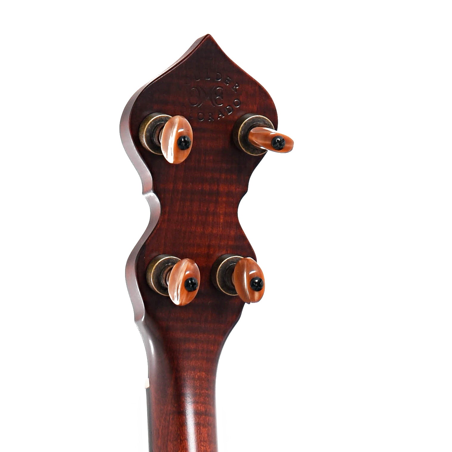 Back headstock of  Ome Mira 11" Openback Banjo, Curly Maple, Tubaphone Tone Ring