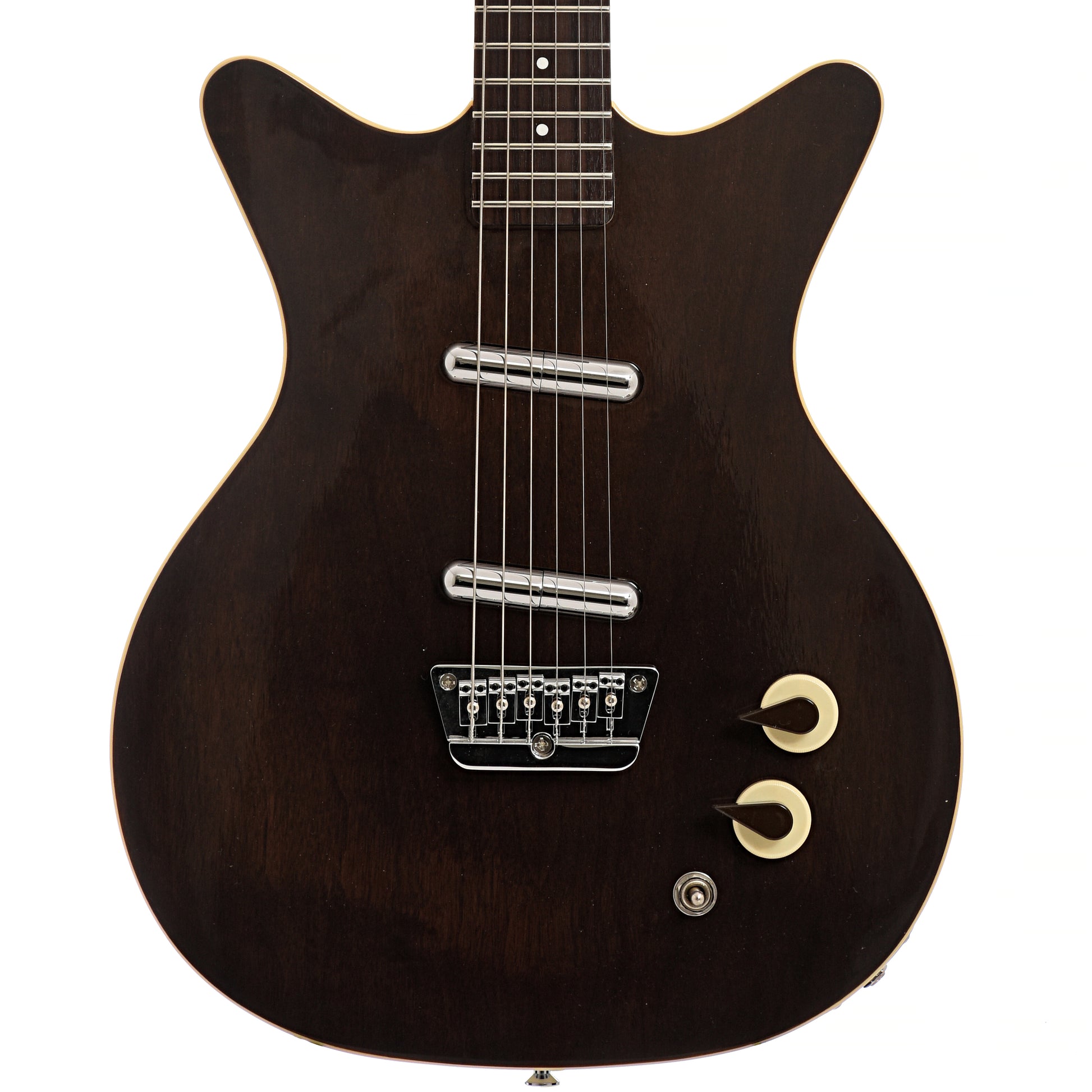 Front of Danelectro '59 Divine, Dark Walnut