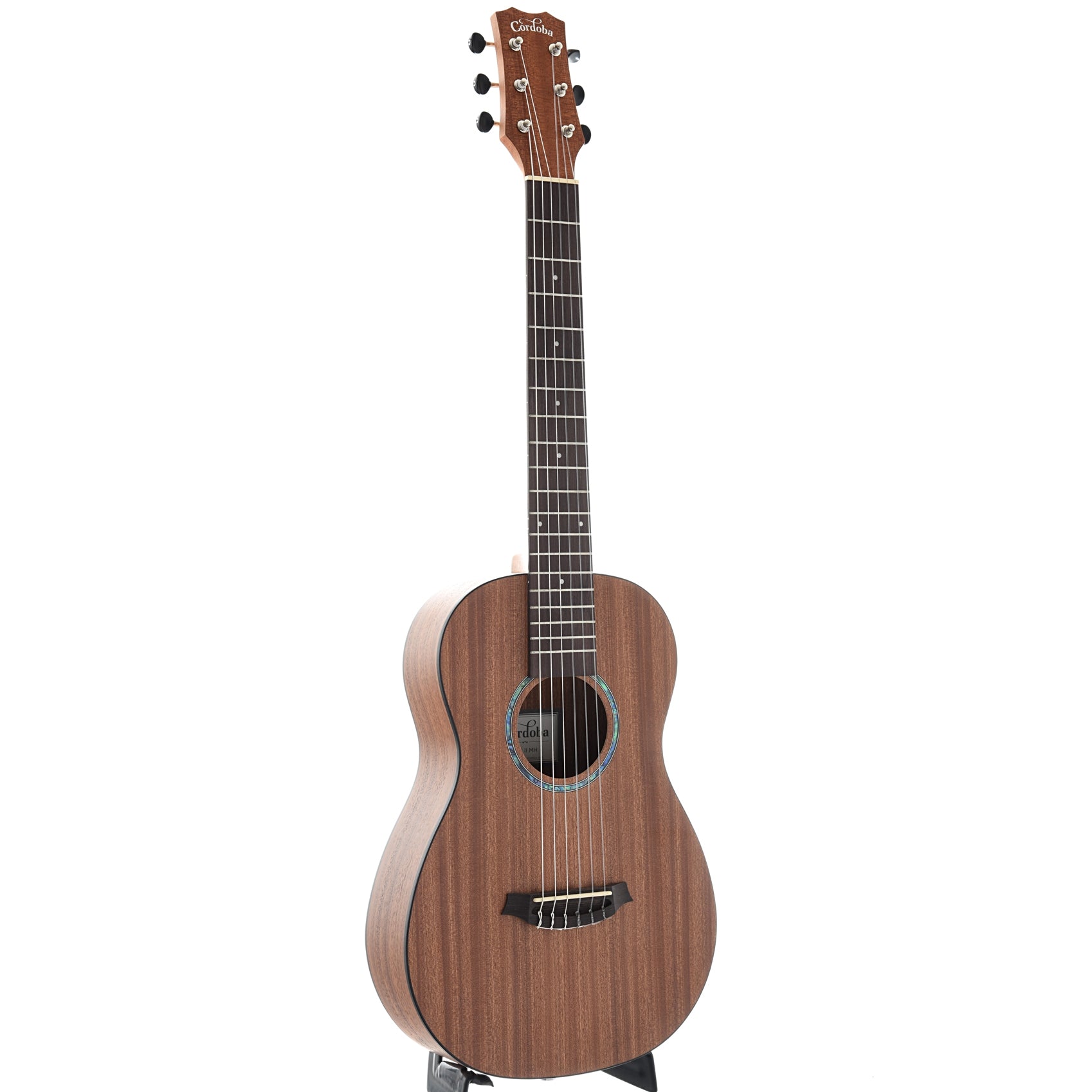 Full Front and Side of Cordoba Mini II MH Travel-Sized Guitar