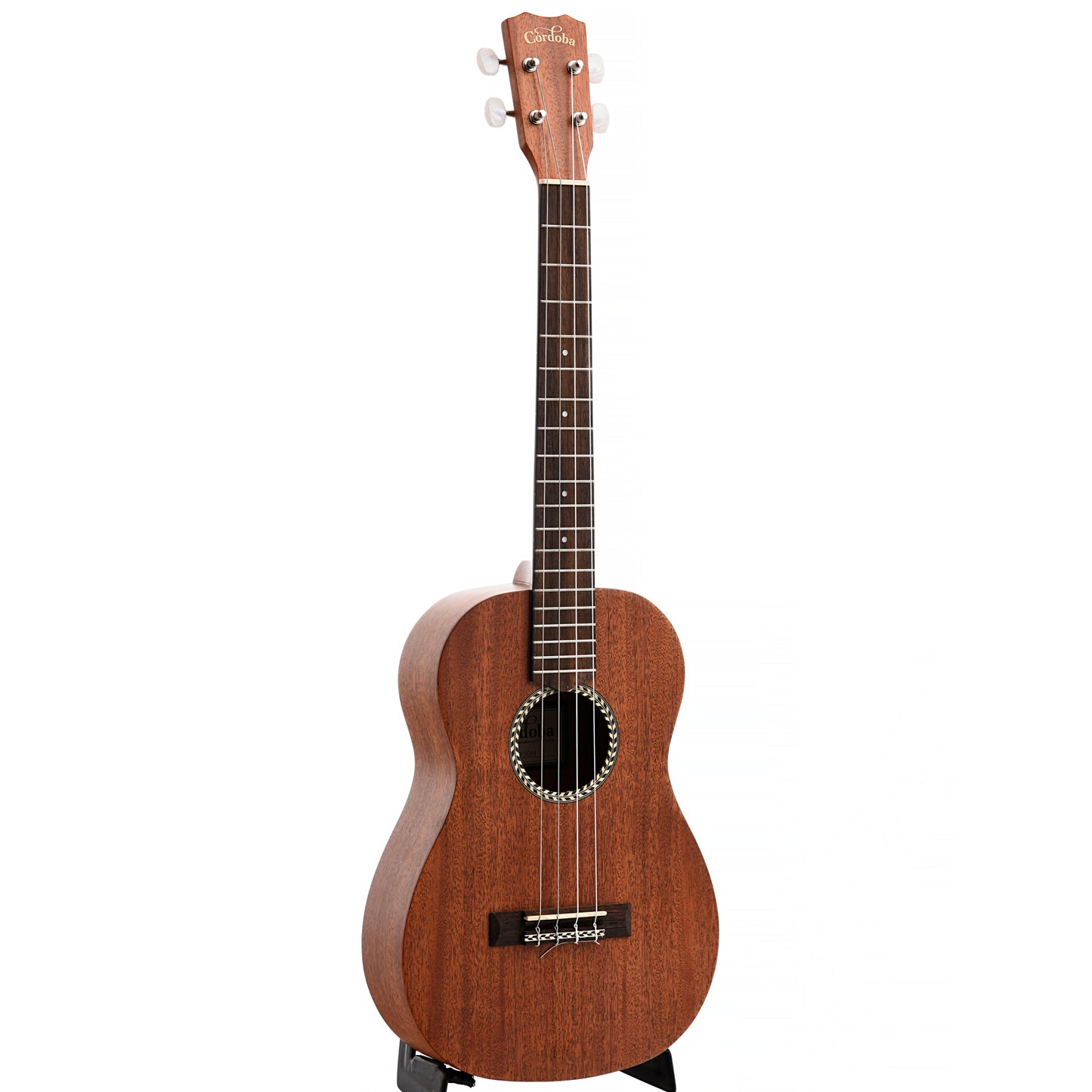 Full Front and Side of Cordoba 20BM Baritone Ukulele, Mahogany