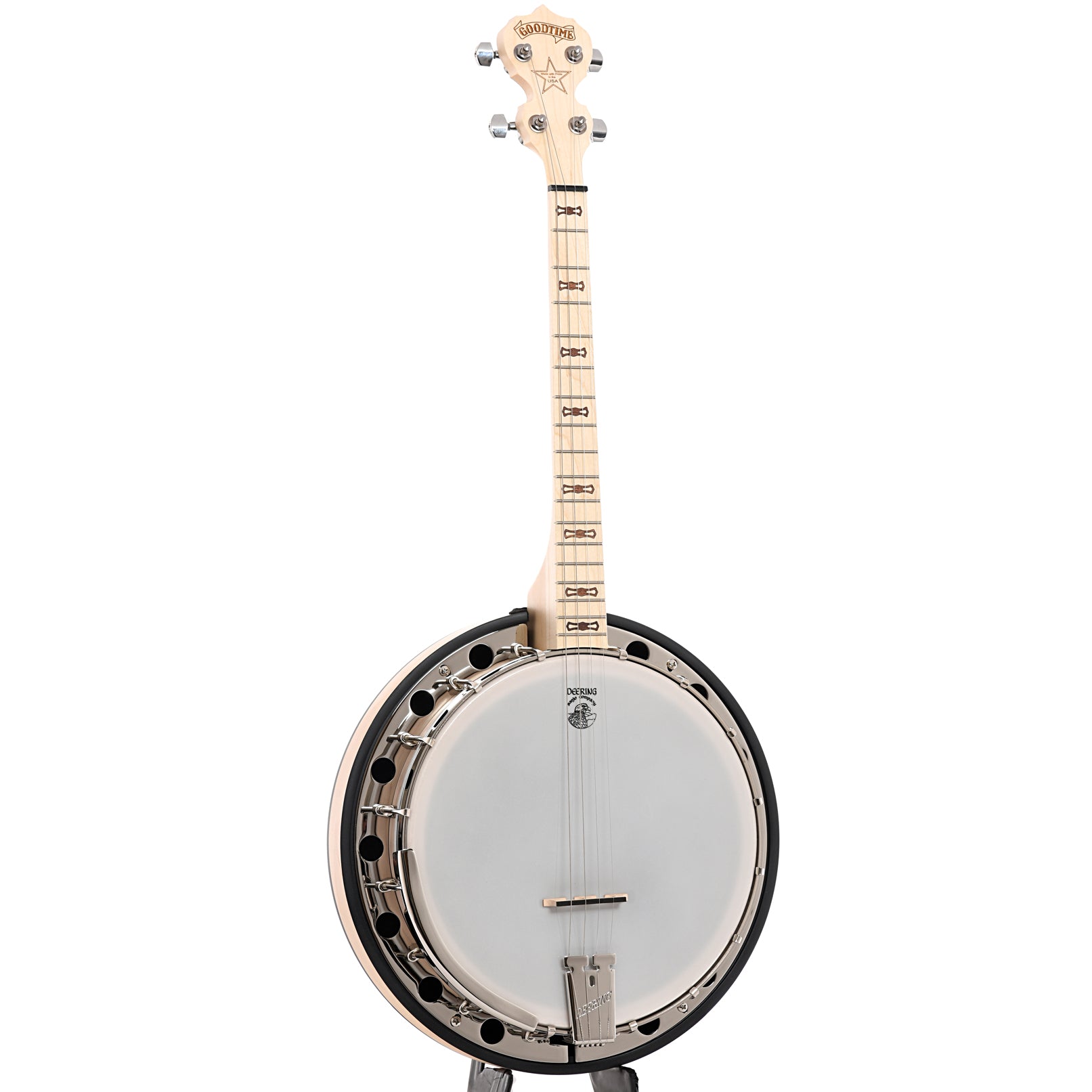 Full Front and side of Deering tenor Goodtime Resonator Banjo, 17 Frets