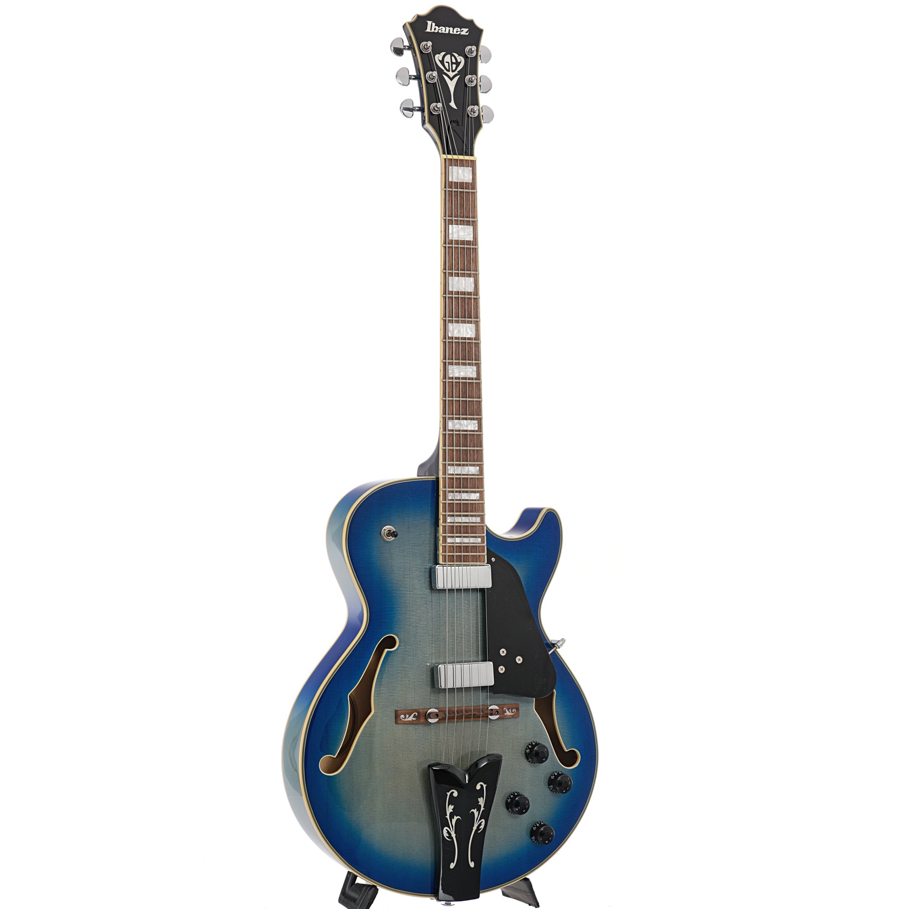 Full front and side of Ibanez George Benson GB10EM Hollowbody, Jet Blue Burst