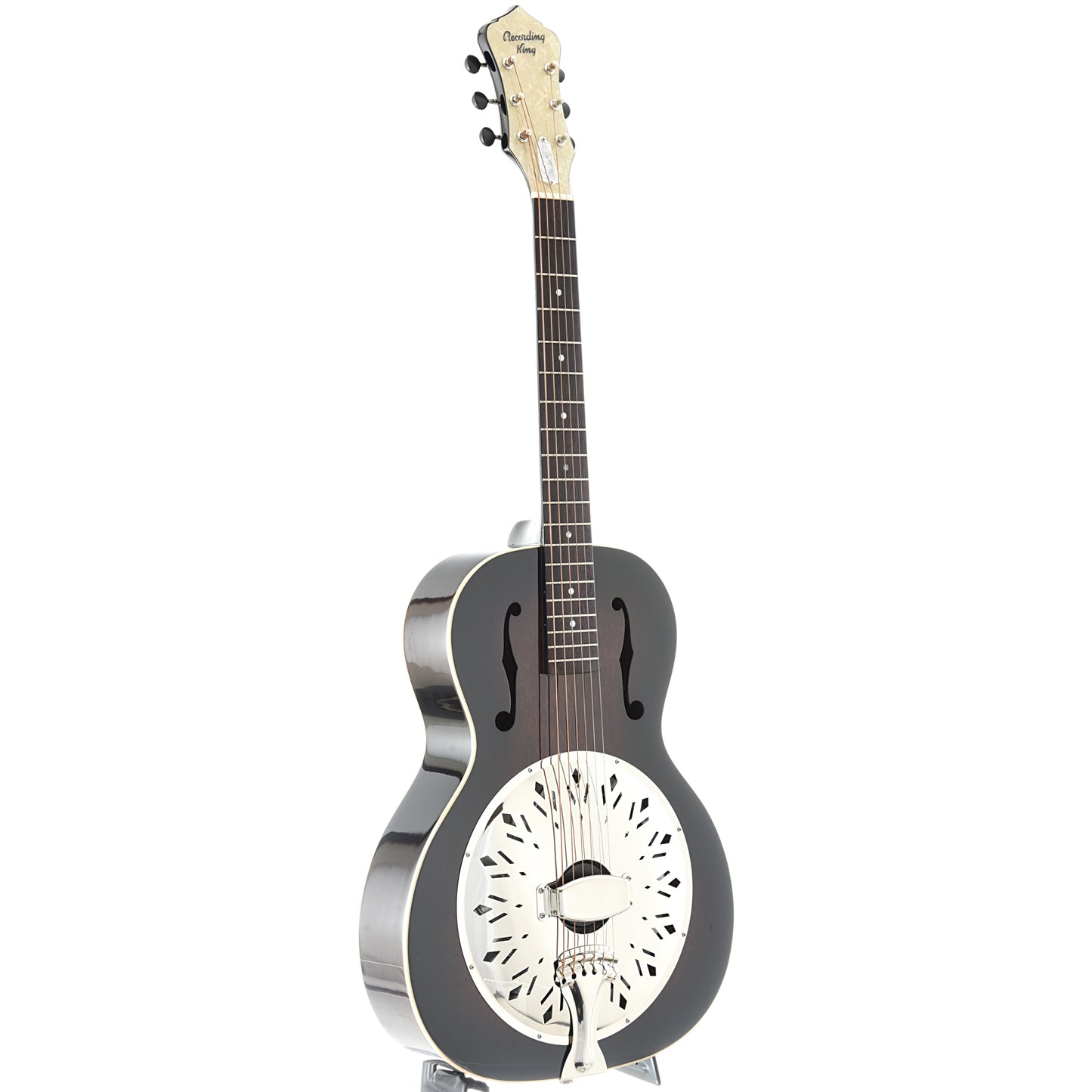  full front and side of Recording King Rattlesnake Wood Body Roundneck Resonator 