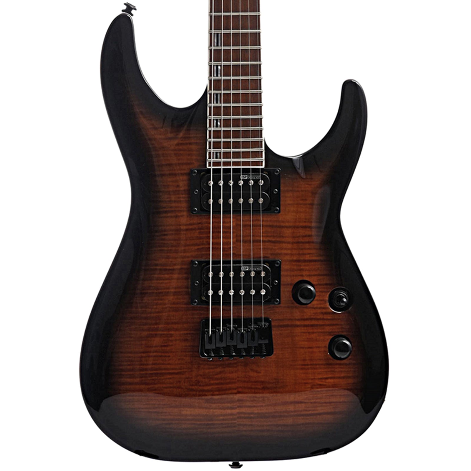 Front of ESP LTD H-200FM Electric Guitar, Dark Brown Sunburst Finish