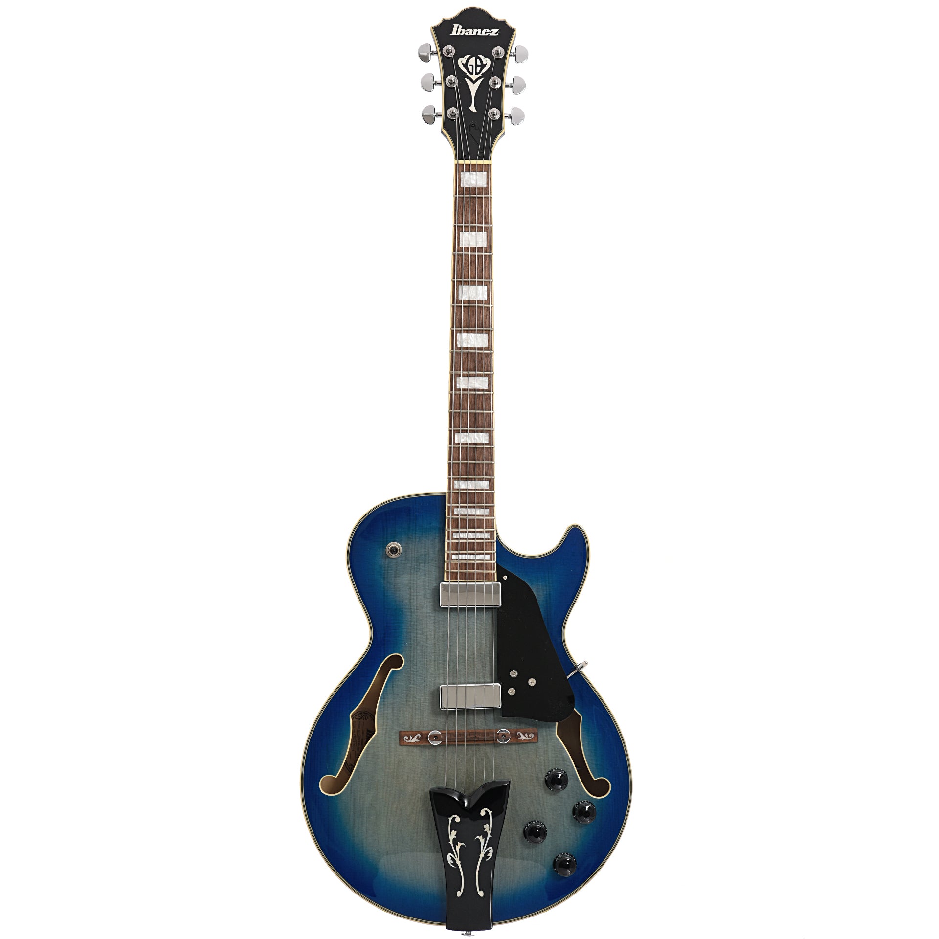 Full front of Ibanez George Benson GB10EM Hollowbody, Jet Blue Burst