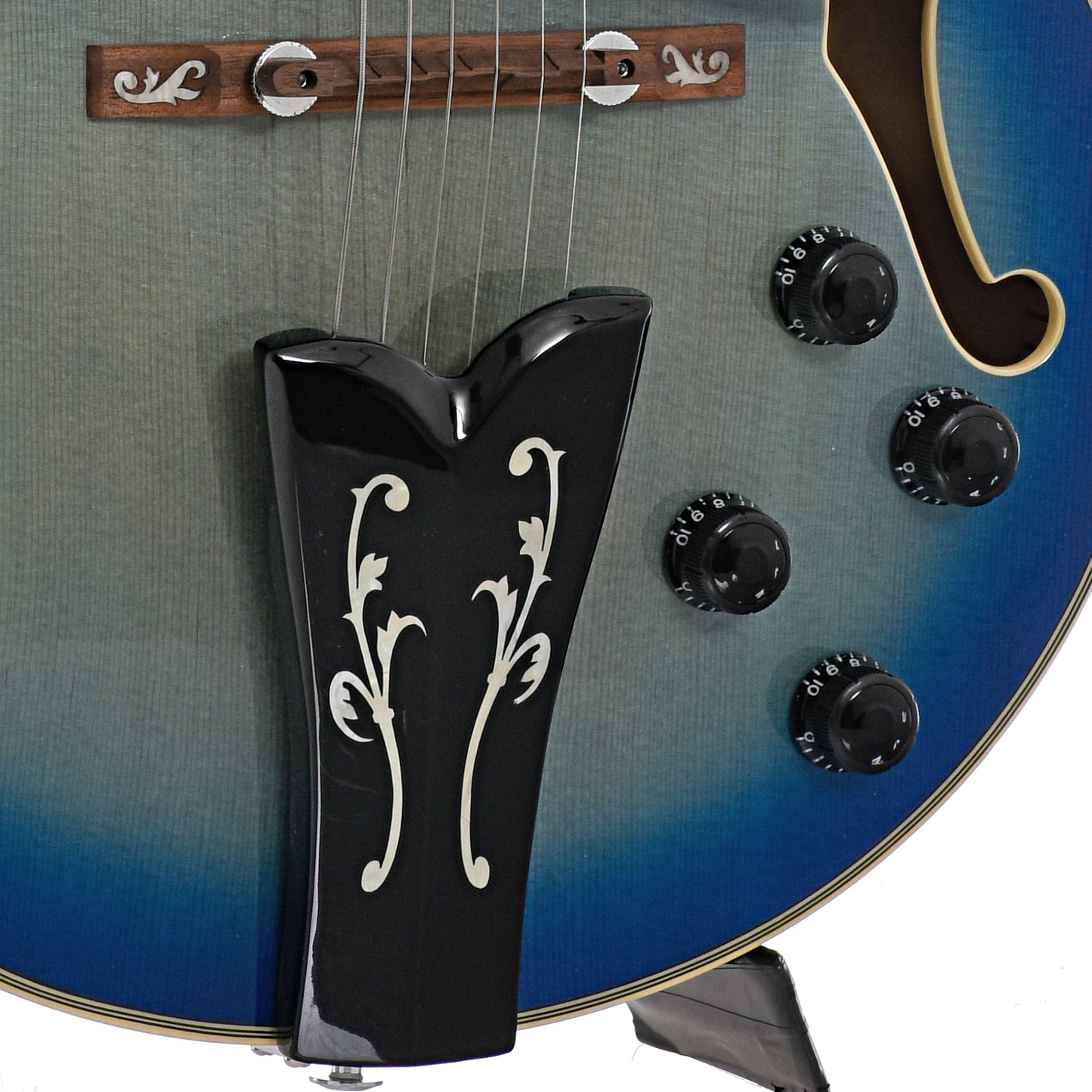 Bridge, tailpiece and controls of Ibanez George Benson GB10EM Hollowbody, Jet Blue Burst