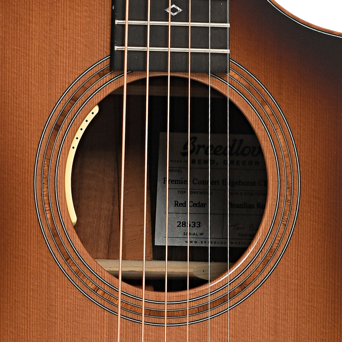 Soundhole of Breedlove Premier Concert Edgeburst CE Red Cedar-Brazilian LTD