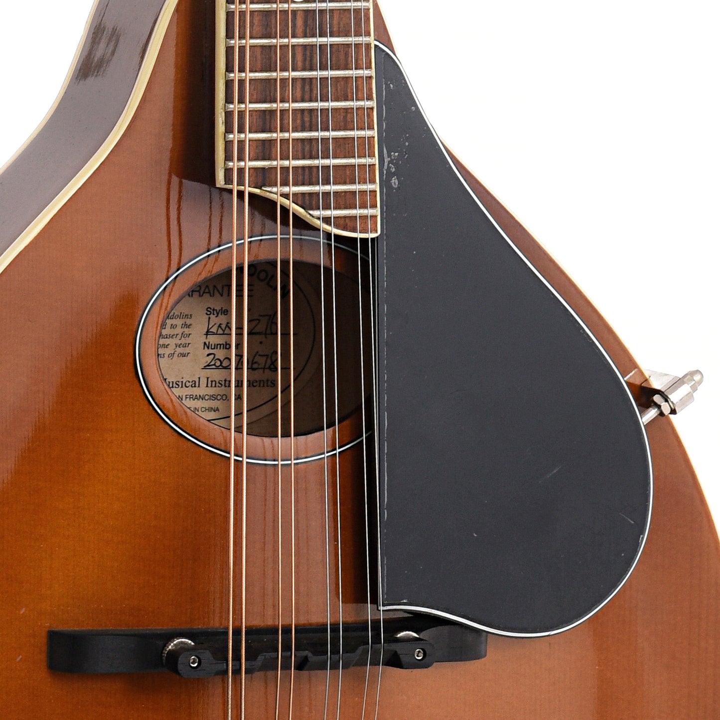 Bridge and Soundhole of Kentucky KM-276 Mandolin, A-Model, Oval Hole, Transparent Brown