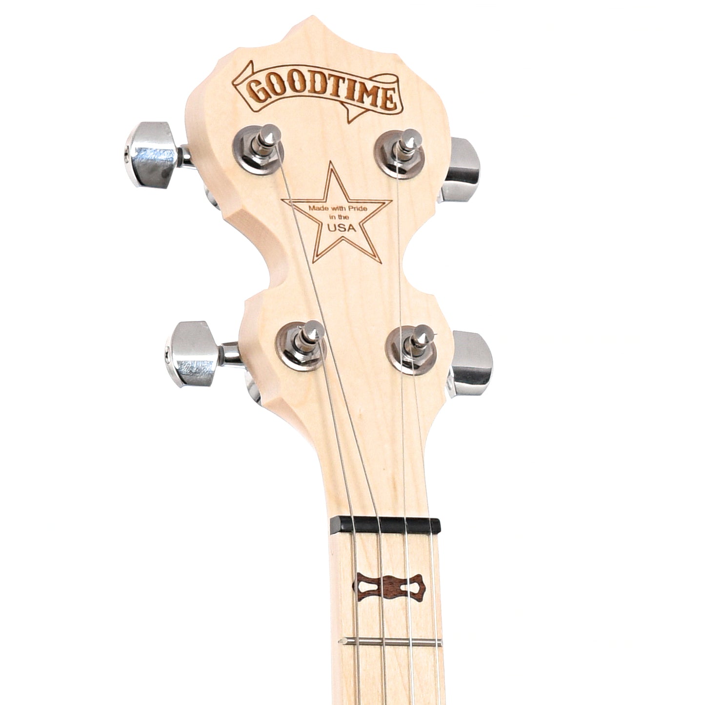 Front headstock of Deering Tenor Goodtime Resonator Banjo, 17 Frets