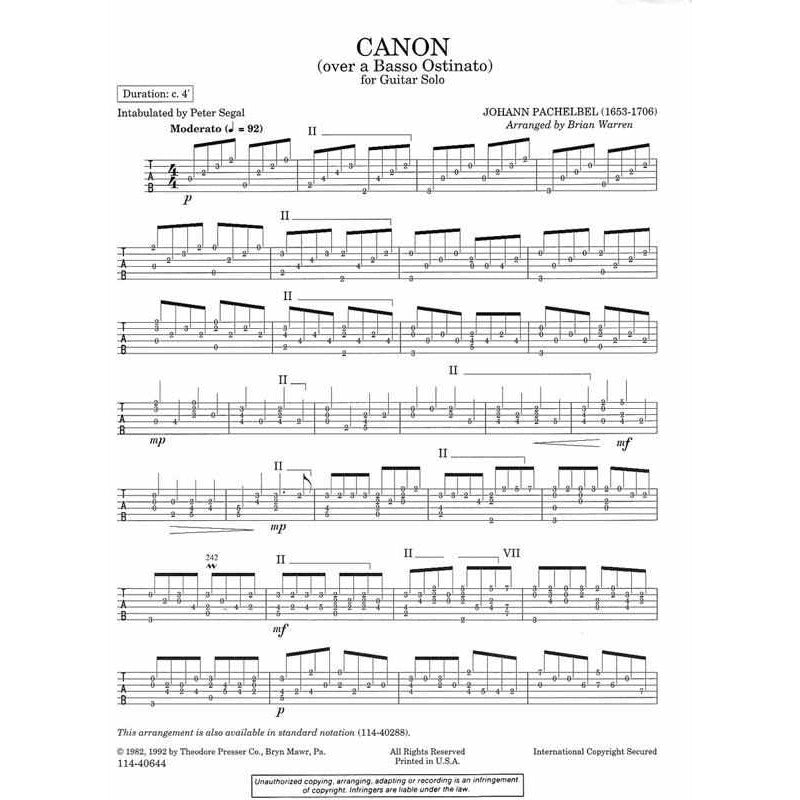 Image 1 of Johann Pachelbel: Canon (Over a Basso Ostinato) for Guitar Solo - Tablature Only - SKU# 62-40644 : Product Type Media : Elderly Instruments