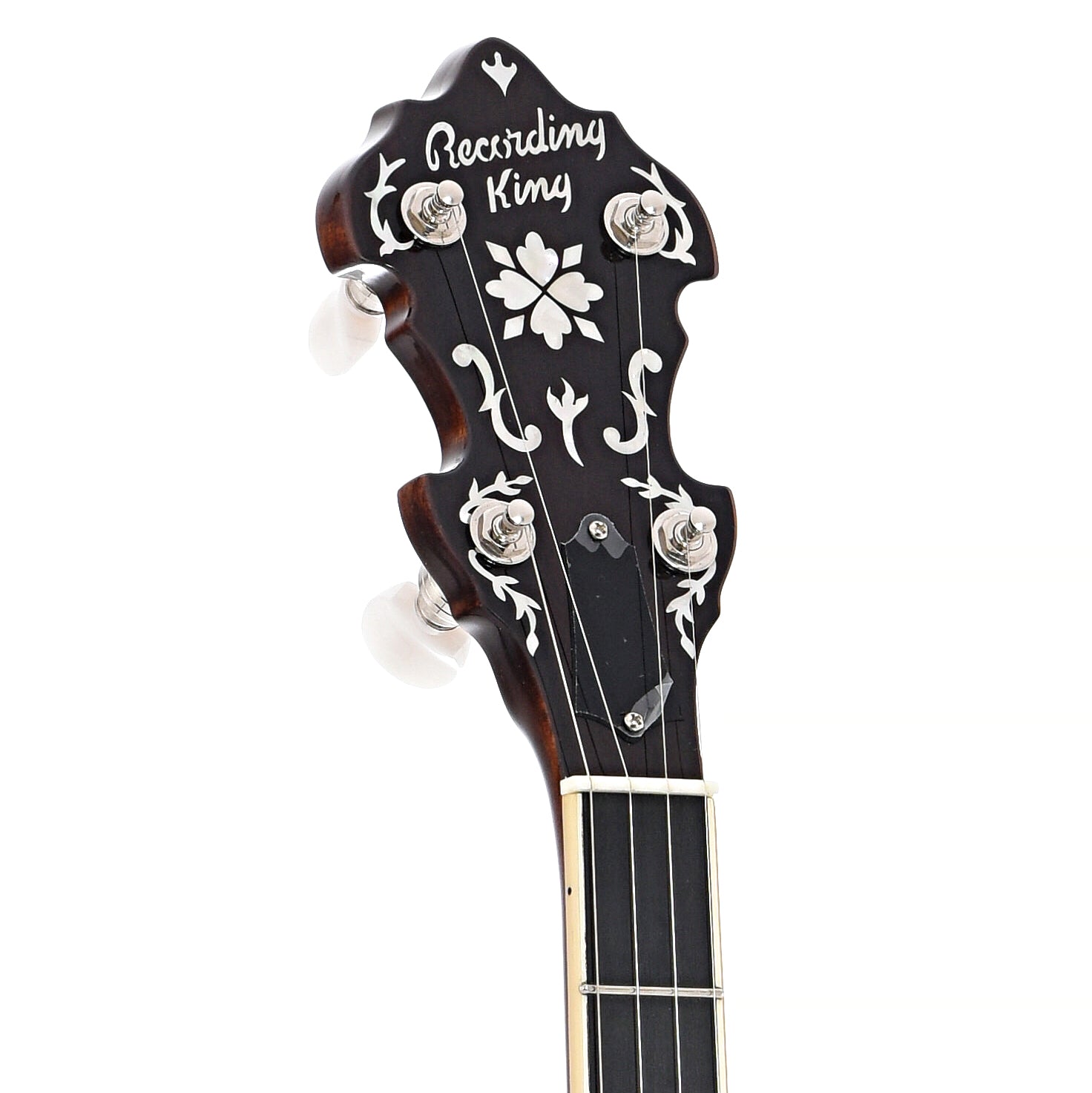 Front headstock of RECORDING KING ELITE 76 HEARTS & FLOWERS RESONATOR BANJO