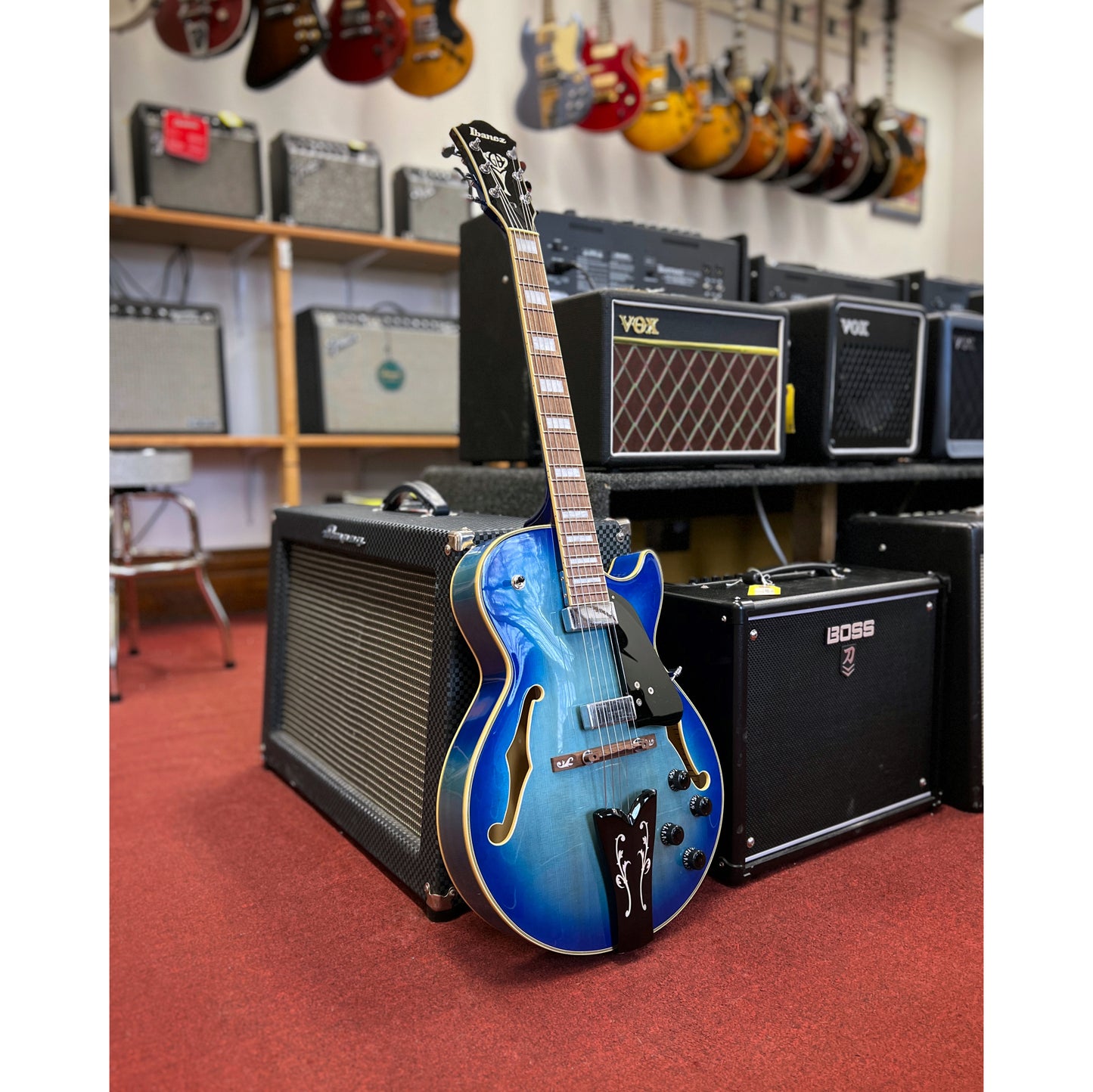 Showroom photo of Ibanez George Benson GB10EM Hollowbody Guitar, Jet Blue Burst