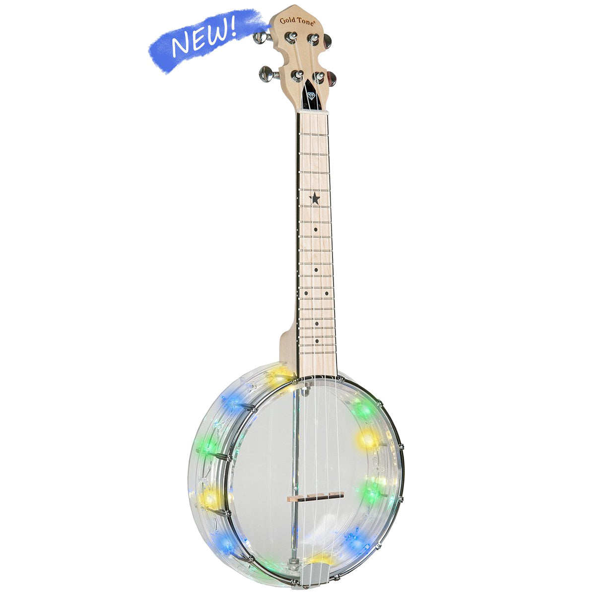 Full Front and Side of Gold Tone Little Gem Light-Up Banjo Ukulele lit up